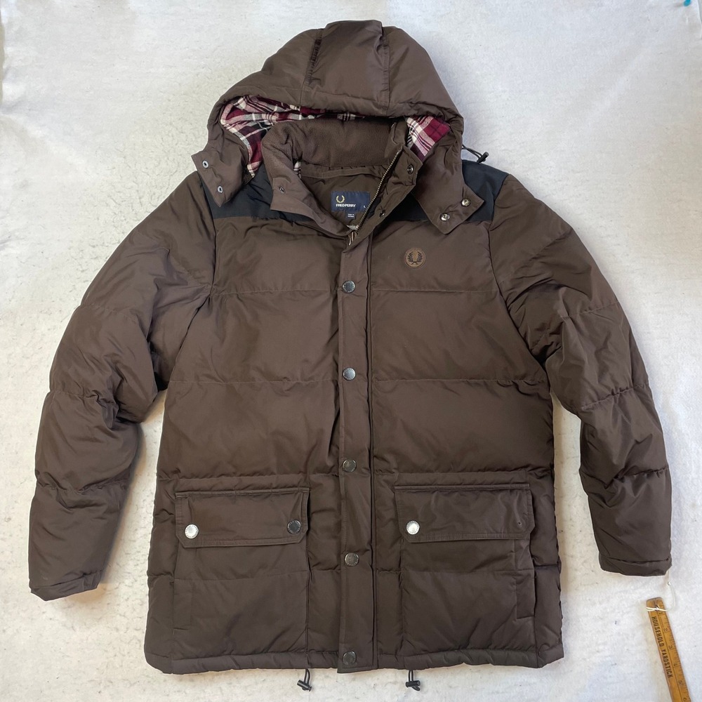 Fred‎ Perry Puffer Jacket Mens Large Brown Plaid Lined Hooded Down Padded